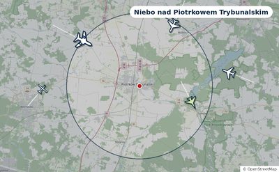 Mapa okolic miasta z sylwetkami samolotów — Niebo nad Piotrkowem Trybunalskim na żywo