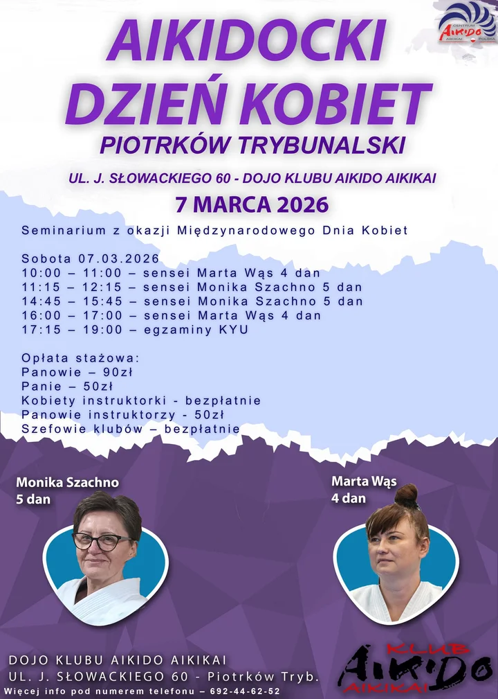 Grafika promocyjna wydarzenia Aikidocki Dzień Kobiet V — jubileuszowe seminarium aikido w Piotrkowie