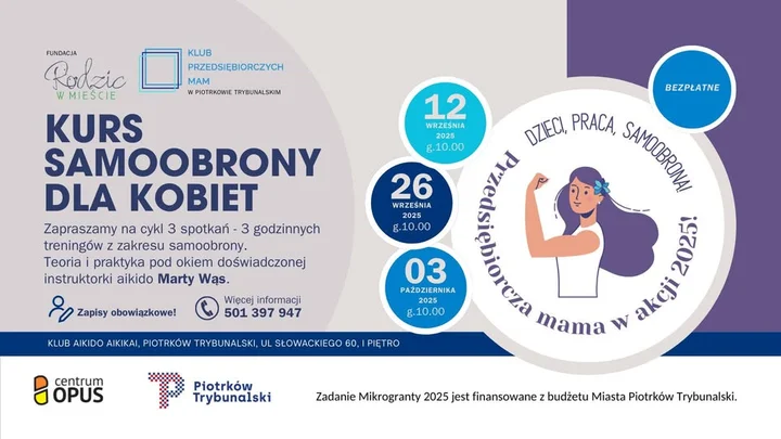 Obrazek przedstawia grafikę promocyjną wydarzenia Kurs samoobrony dla mam — trzyspotkaniowy cykl w Piotrkowie Trybunalskim