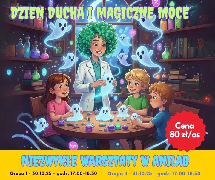 Obrazek przedstawia grafikę promocyjną wydarzenia Kreatywne warsztaty dla dzieci: tworzenie duchów i bezpieczne eksperymenty