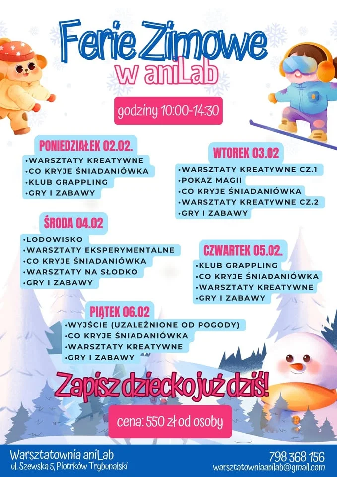 Grafika promocyjna wydarzenia FERIE 2026 — plan tygodniowy i turnusy