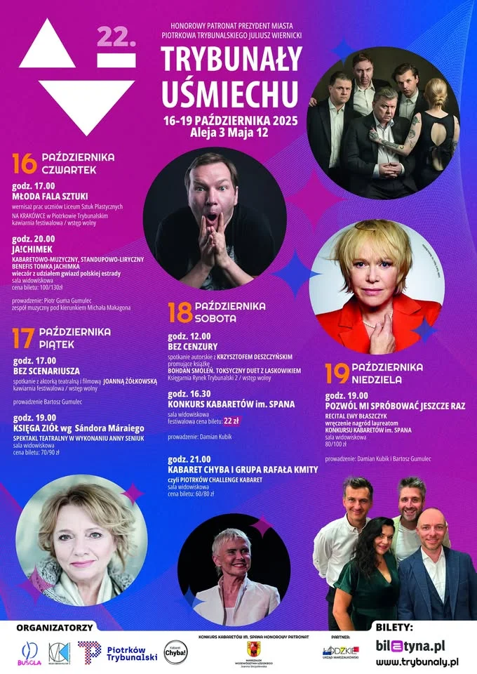 Obrazek przedstawia grafikę promocyjną wydarzenia 22. edycja festiwalu kabaretowego w Piotrkowie Trybunalskim