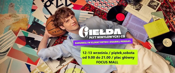 Obrazek przedstawia grafikę promocyjną wydarzenia Giełda płyt winylowych i CD w Focus Mall Piotrków Trybunalski