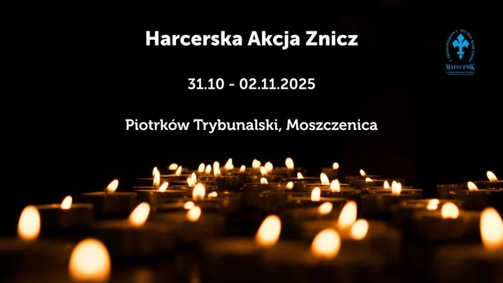 Grafika promocyjna wydarzenia Harcerska Akcja Znicz — znicze i zapałki od Matecznika w Piotrkowie i Moszczenicy