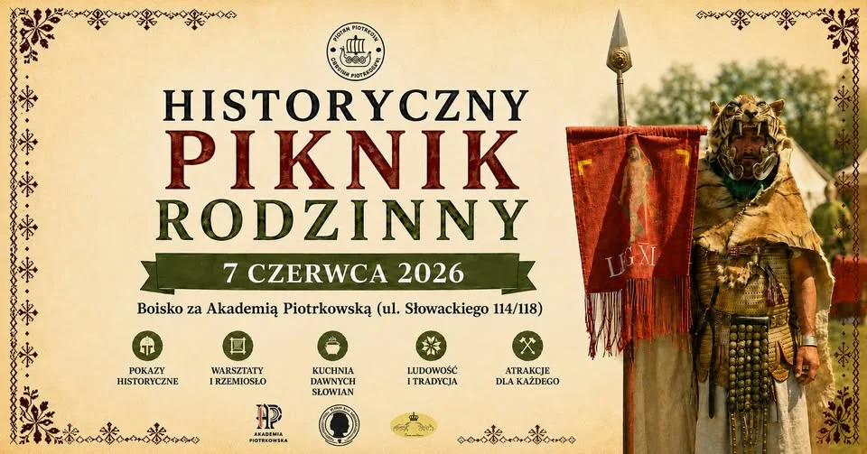 Grafika promocyjna wydarzenia Historyczny Piknik Rodzinny „Wioska Wikinga” w Piotrkowie Trybunalskim