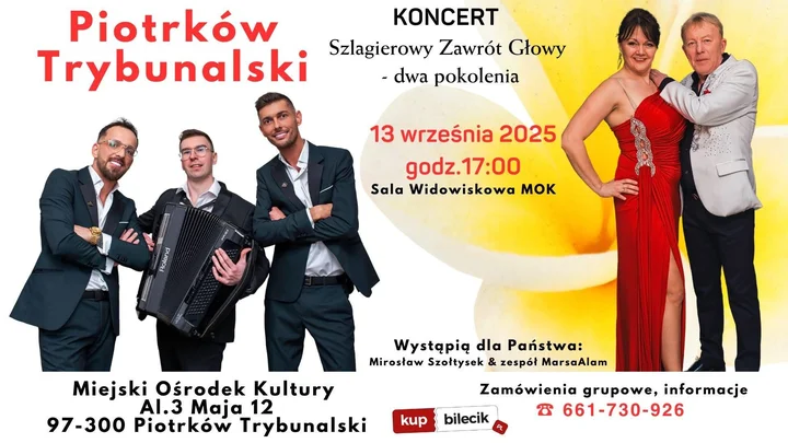 Obrazek przedstawia grafikę promocyjną wydarzenia Koncert szlagierów dla dwóch pokoleń w Piotrkowie Trybunalskim