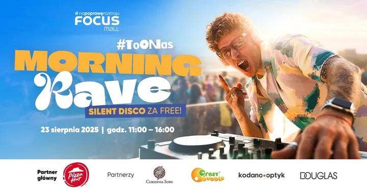 Obrazek przedstawia grafikę promocyjną wydarzenia Poranne Silent Disco — pożegnanie wakacji przy Focus Mall