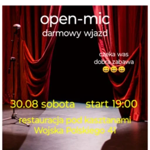 Obrazek przedstawia grafikę promocyjną wydarzenia Otwarte mikrofony w Piotrkowie Trybunalskim