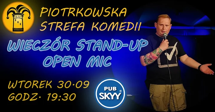 Obrazek przedstawia grafikę promocyjną wydarzenia Wieczór stand-upu i open mic w Piotrkowie