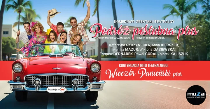 Obrazek przedstawia grafikę promocyjną wydarzenia Komediowy spektakl „Podróż poślubna plus” w Piotrkowie Trybunalskim