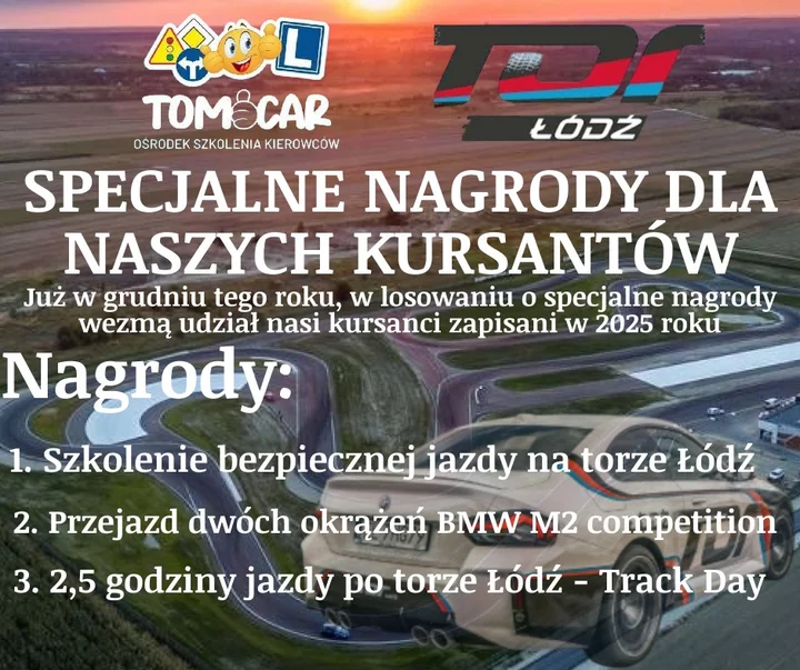 Grafika promocyjna wydarzenia Poprawiamy BEPIECZEŃSTWO NA DROGACH — losowanie nagród dla kursantów TomCar