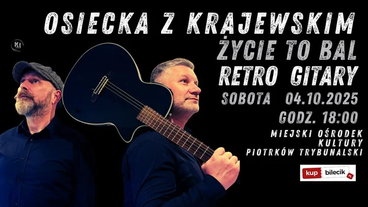 Obrazek przedstawia grafikę promocyjną wydarzenia Koncert Retro Gitary: „Życie to bal” — piosenki Osieckiej i Krajewskiego w Piotrkowie