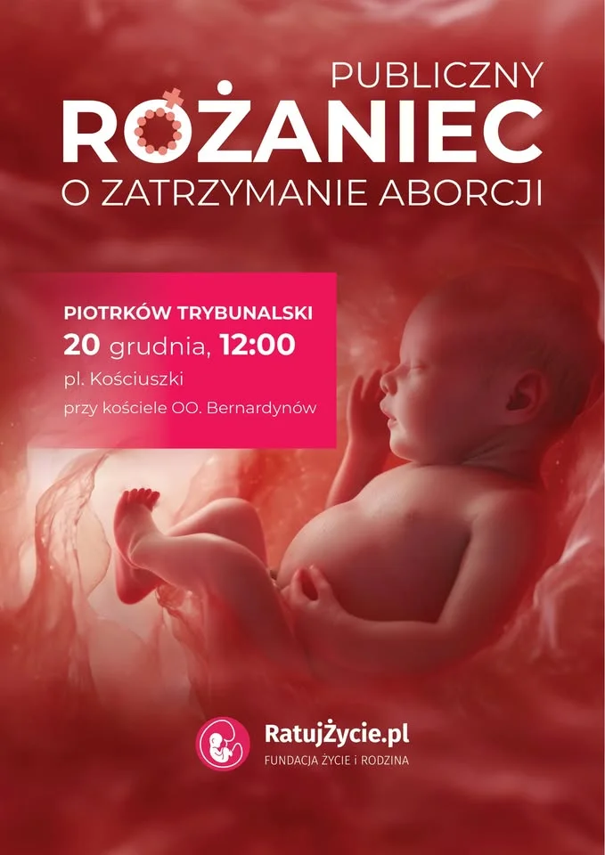 Grafika promocyjna wydarzenia Różaniec o zatrzymanie aborcji — publiczna modlitwa w Piotrkowie Trybunalskim