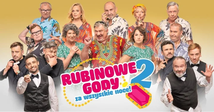 Obrazek przedstawia grafikę promocyjną wydarzenia Komediodramat „Rubinowe gody 2” w Piotrkowie Trybunalskim — spektakl 20 listopada 2025