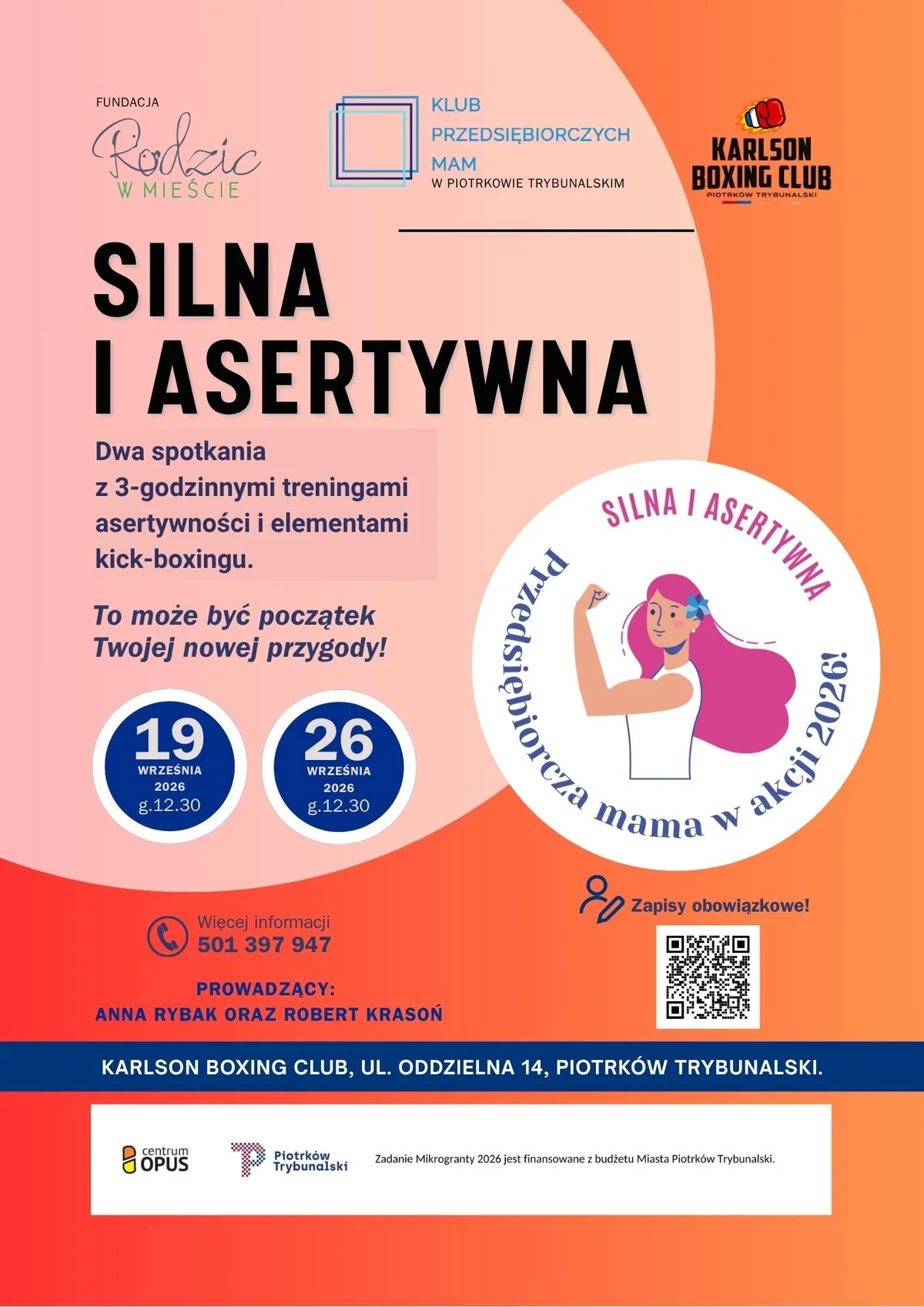 Grafika promocyjna wydarzenia Silna i Asertywna - Przedsiębiorcza Mama w akcji! Kurs asertywności z elementami kick-boxingu