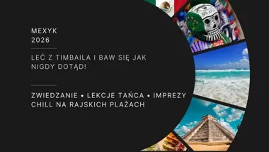 Obrazek przedstawia grafikę promocyjną wydarzenia Taneczna wyprawa na Jukatan — wyjazd TIMBAILA TRAVEL 2026