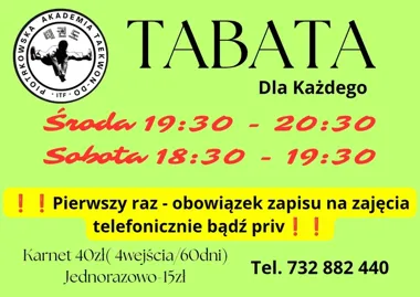 Grafika promocyjna wydarzenia TABATA dla każdego w Piotrkowskiej Akademii Taekwon-do