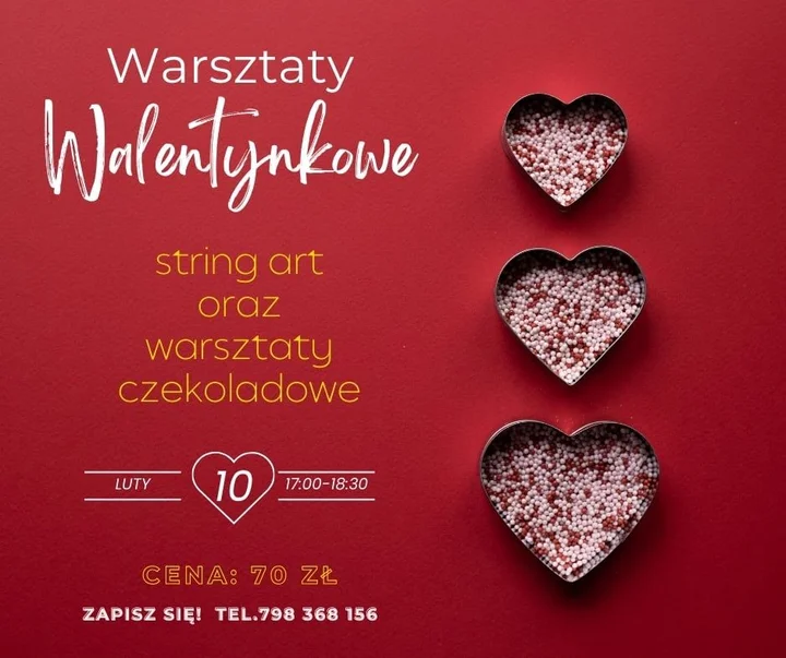 Grafika promocyjna wydarzenia Walentynki aniLab — warsztaty string art i czekoladowe upominki