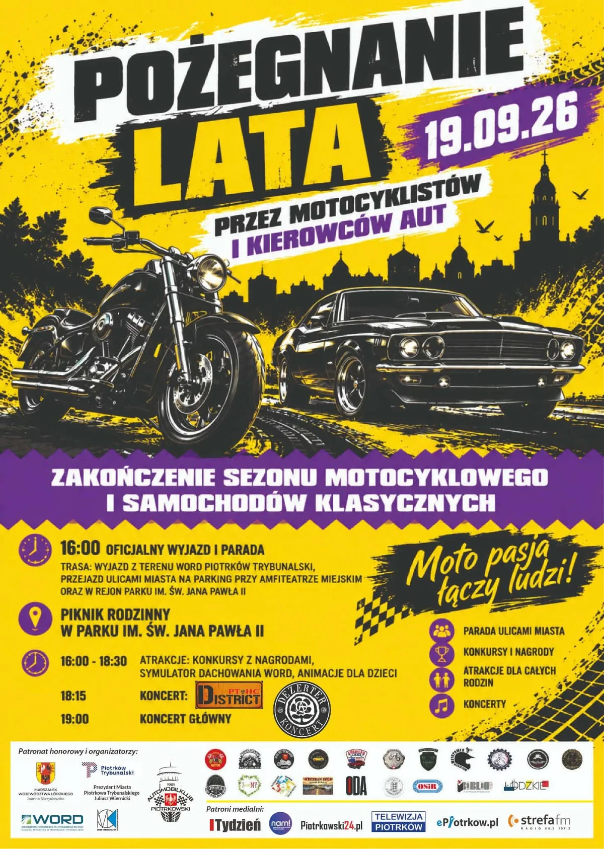 Grafika promocyjna wydarzenia Zakończenie Sezonu Motocyklowego i Samochodów Zabytkowych Piotrków 2026