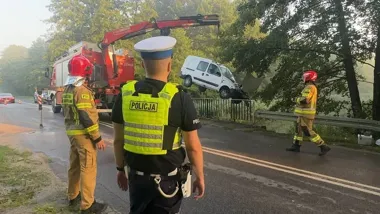Uciekał przed sarną, Renault wpadło do zbiornika w Piotrkowie